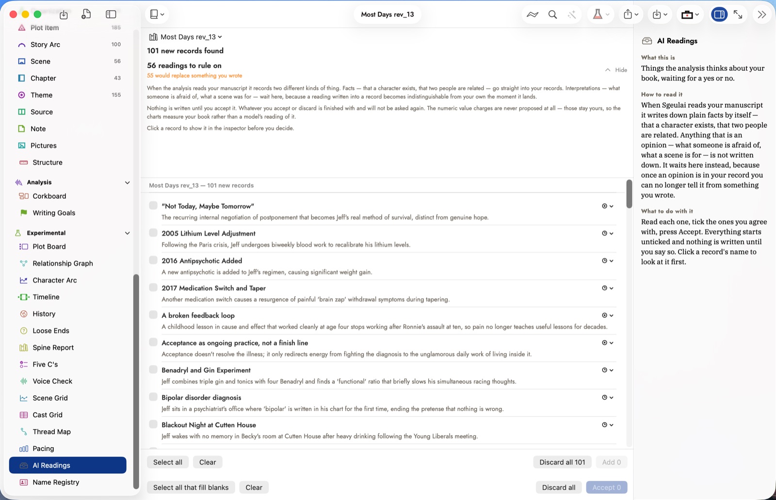 The AI Readings screen, listing dozens of proposed records with unticked checkboxes, and Select all, Clear, Discard all and Accept controls waiting at the bottom.