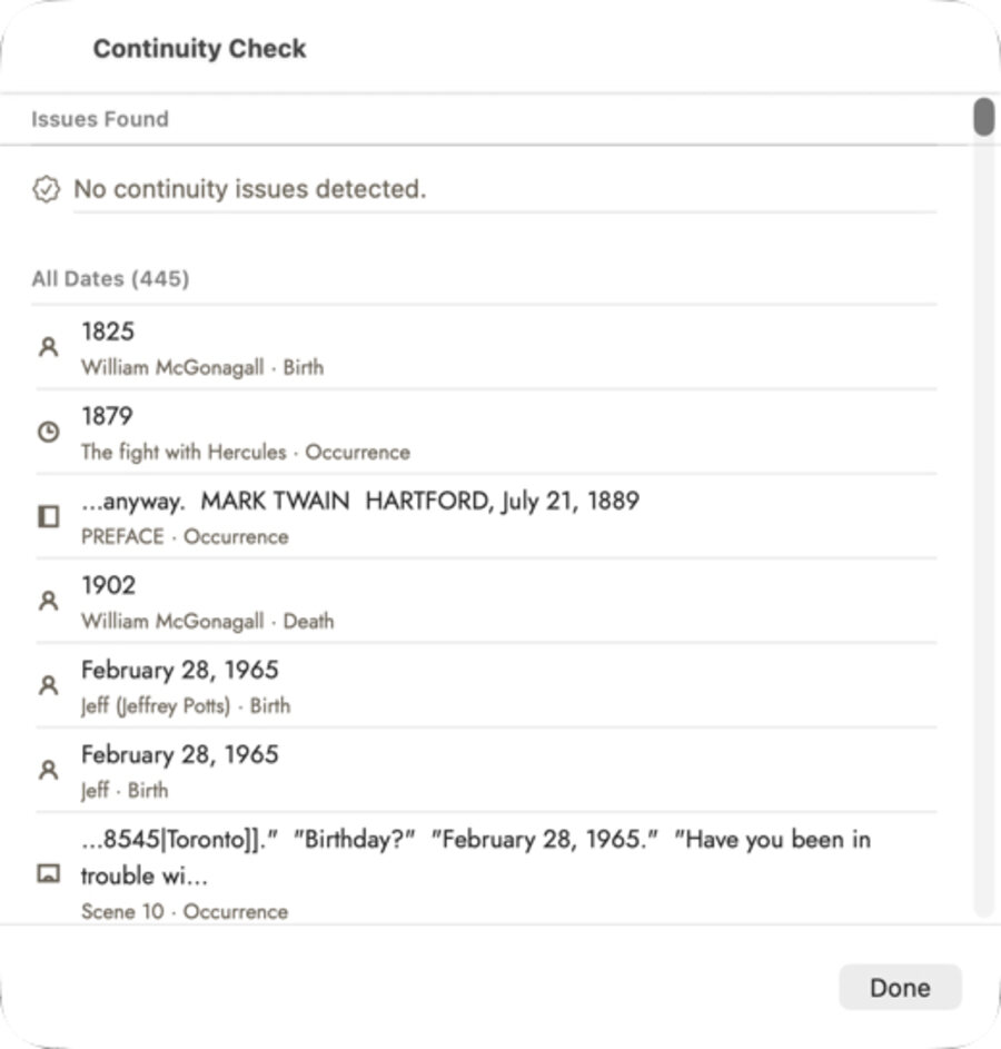 The Continuity Check panel reporting 'No continuity issues detected', beneath a list of every date found in the manuscript with the character, event and chapter each one belongs to.