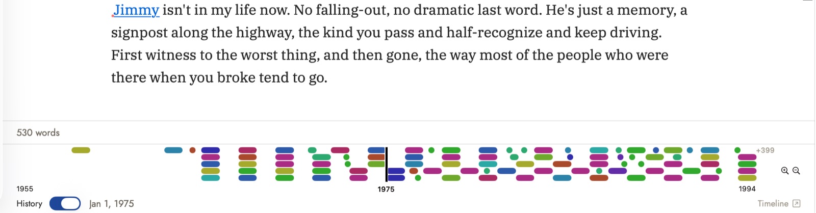 The History band in Sgeulai's footer, showing a manuscript's real-world timeline from 1955 to 1994 with the current passage dated January 1975.