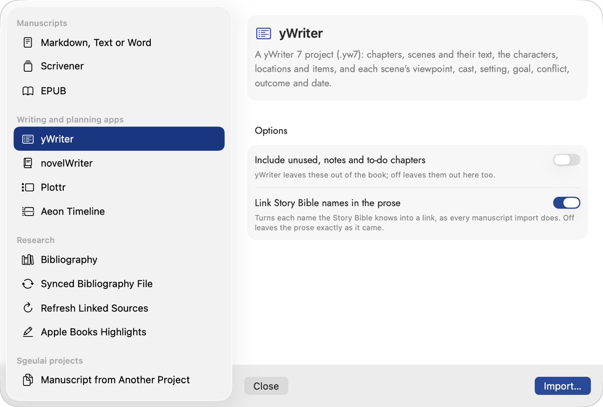 Sgeulai's Import window: formats grouped down the left under Manuscripts, Writing and planning apps, Research and Sgeulai projects, with yWriter selected and its description and two options on the right.