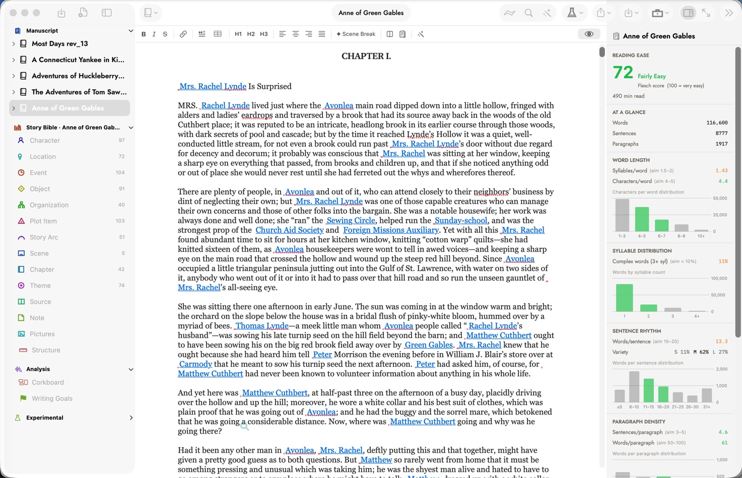 The Sgeulai main window: the binder on the left showing a manuscript's chapters and the Story Bible, a chapter of Anne of Green Gables open in the editor, and the inspector on the right showing the Readability tool.