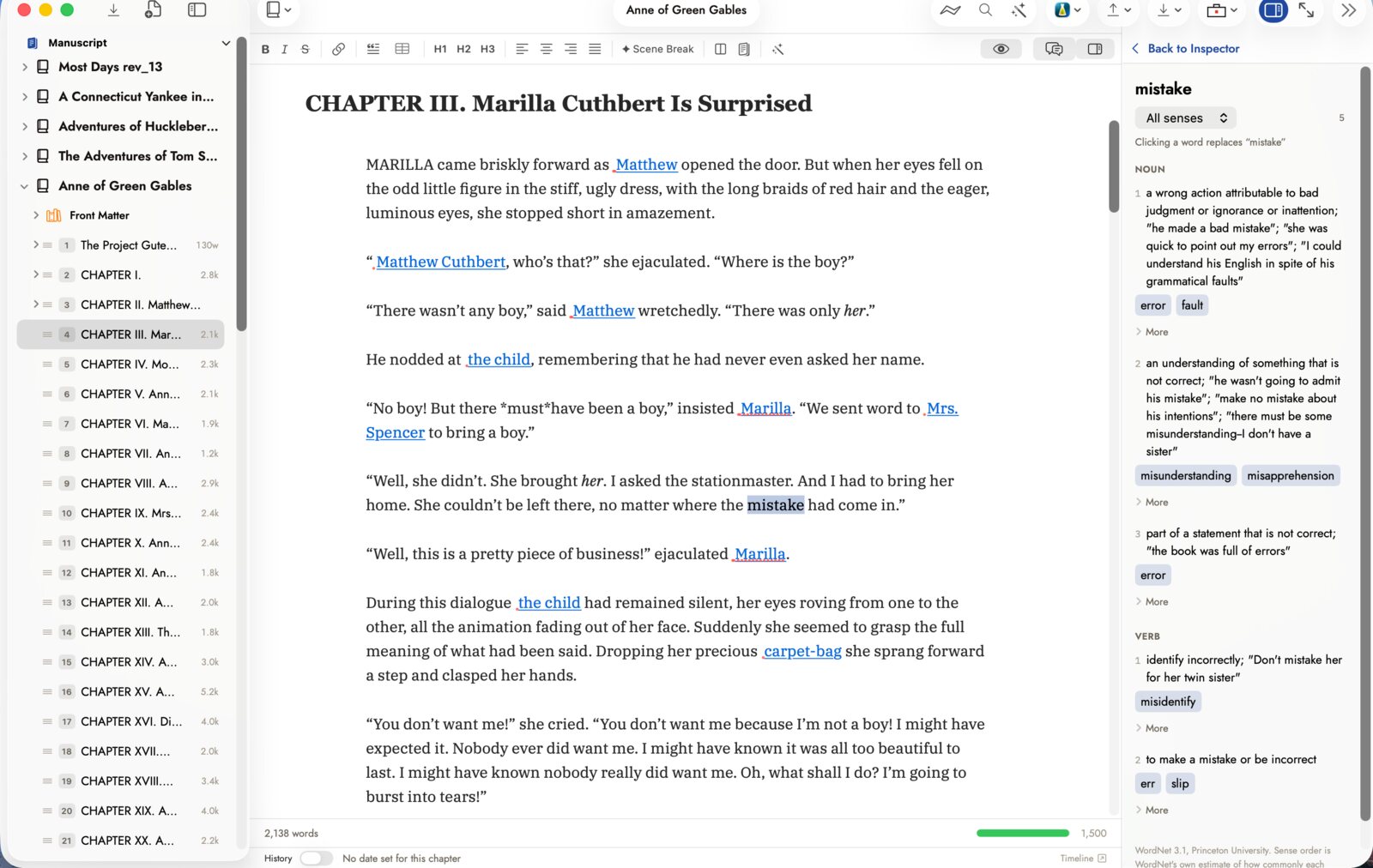 The Writing Inspector's word lookup for 'mistake', showing noun and verb senses with definitions, example sentences, and clickable synonyms such as 'error' and 'fault' that replace the word in place.