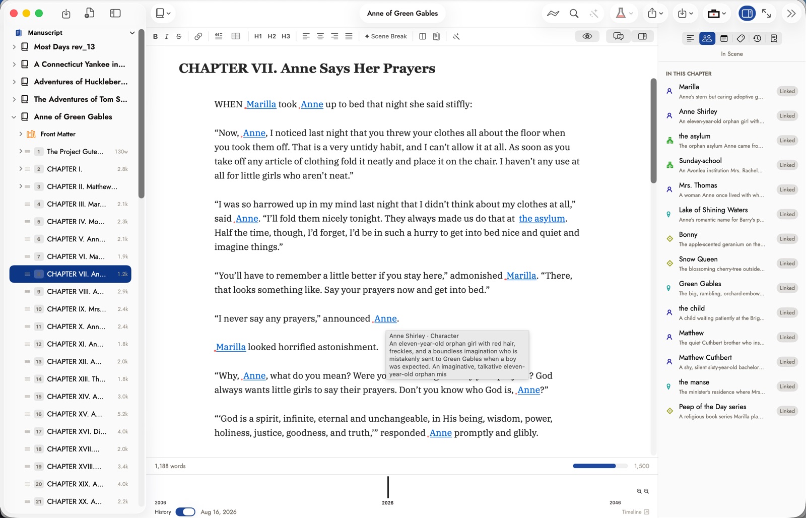 A wikilink's preview popover open over 'Anne Shirley' in the manuscript, and the inspector's linked-entities list showing every character, place and object mentioned in the chapter.