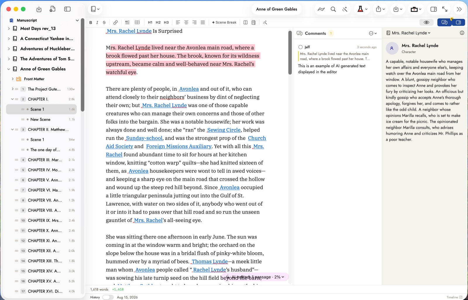 A passage in the Sgeulai editor highlighted to show an AI edit, with a comment thread explaining the change and an 'AI edited 1 passage' indicator in the editor's footer.