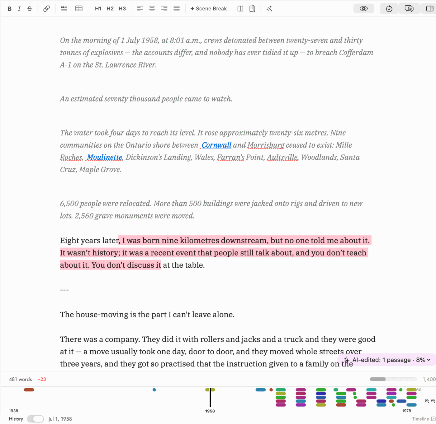 A chapter in the editor with one sentence shaded pink where Writing Tools rewrote it, the surrounding prose unshaded, and a pink badge in the lower-right corner reading "AI-edited: 1 passage · 8%" with a disclosure chevron.