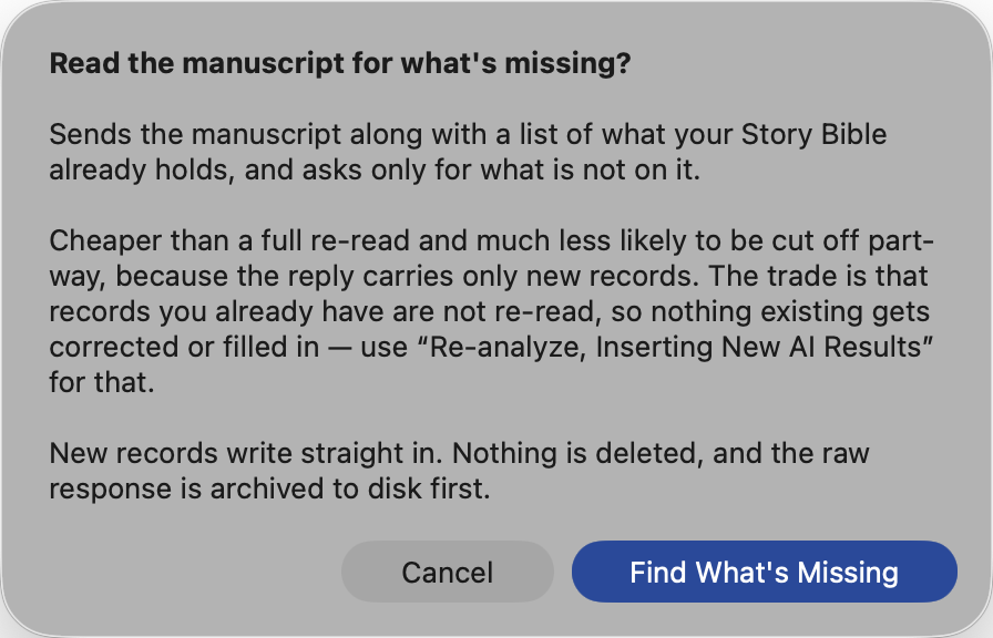 The "Read the manuscript for what's missing?" confirmation: it sends the manuscript along with a list of what the Story Bible already holds and asks only for what is not on it; cheaper than a full re-read and less likely to be cut off part-way because the reply carries only new records; the trade is that existing records are not re-read so nothing already there gets corrected or filled in; new records write straight in, nothing is deleted, and the raw response is archived to disk first. Cancel and Find What's Missing buttons.