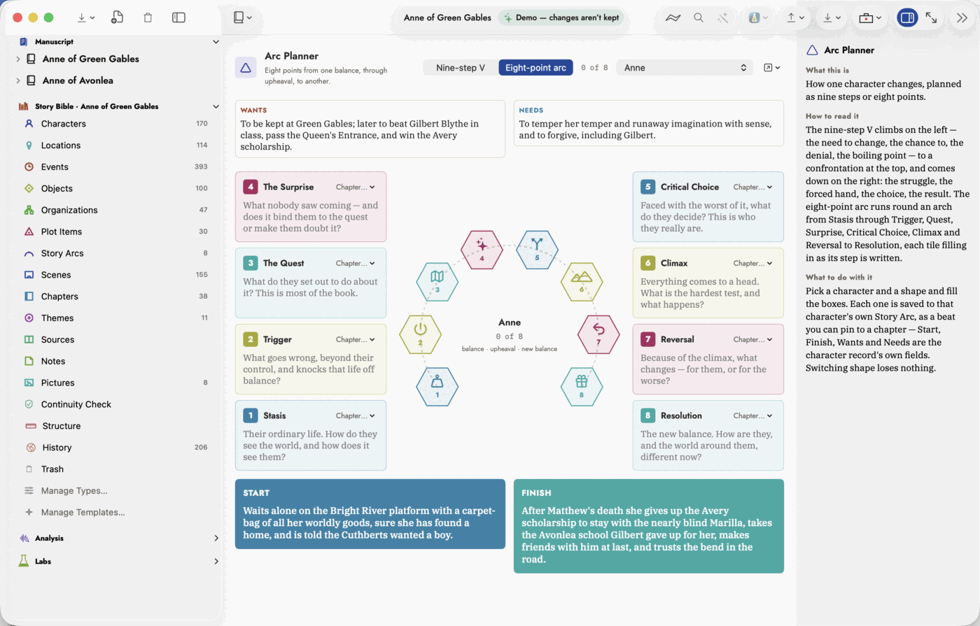 Arc Planner switched to the eight-point arc: eight numbered hexagonal tiles round an arch, each with a glyph, Anne's name and a count in the middle, the step cards down either side, and Start and Finish beneath.