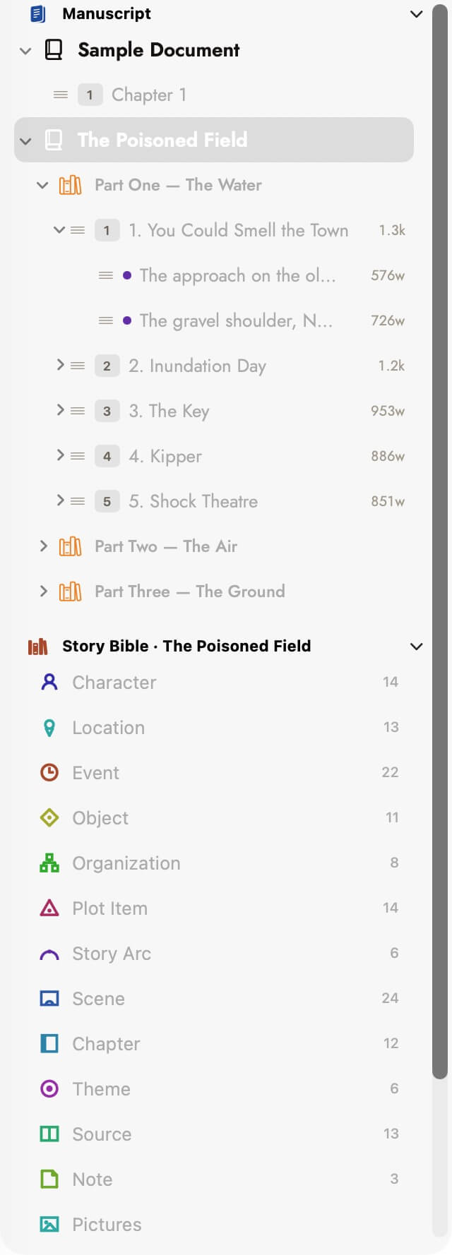 The binder with chapter 1 expanded to show its two scenes: the chapter row carries a number badge, its name and 1.3k, while each scene row beneath carries a small coloured status dot, a truncated name and its own word count of 576w and 726w, with no number badge.