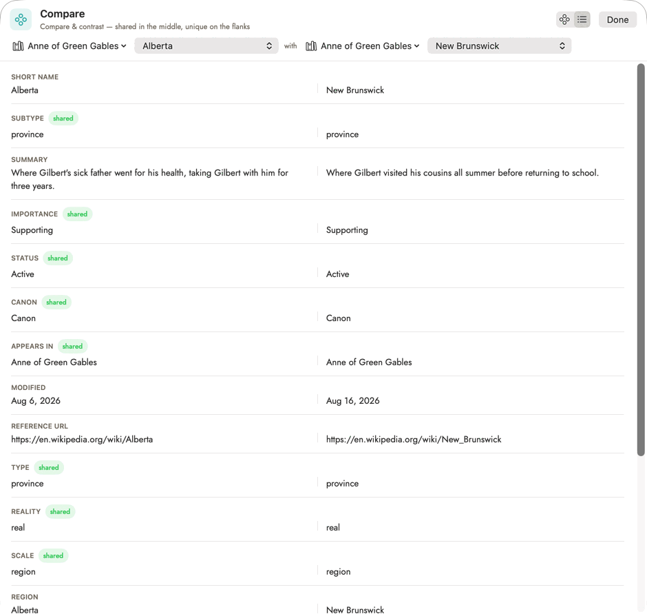 The same comparison as a scrollable list, one field per row, shared fields tagged and both records' values shown side by side.