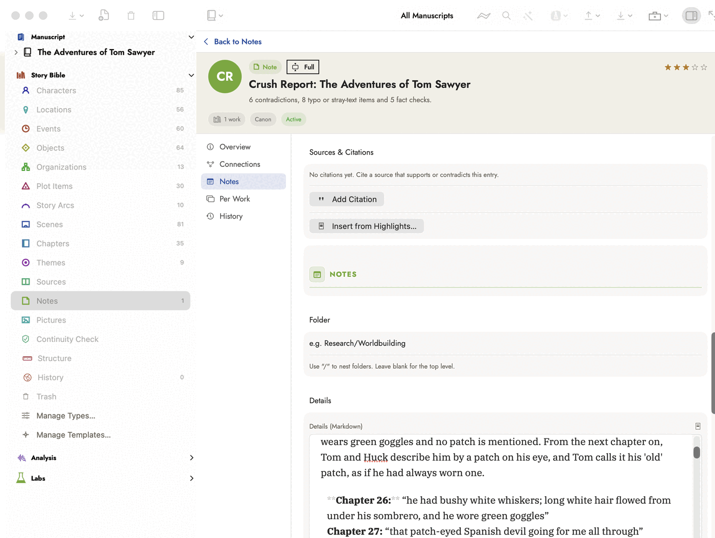 A Story Bible Note open in the record editor, titled "Crush Report: The Adventures of Tom Sawyer", with the summary line "6 contradictions, 8 typo or stray-text items and 5 fact checks." beneath it. In the Details (Markdown) field, the tail of an explanation about a disguised character's goggles and eye patch sits over two quoted sides, one labelled Chapter 26 and one Chapter 27.