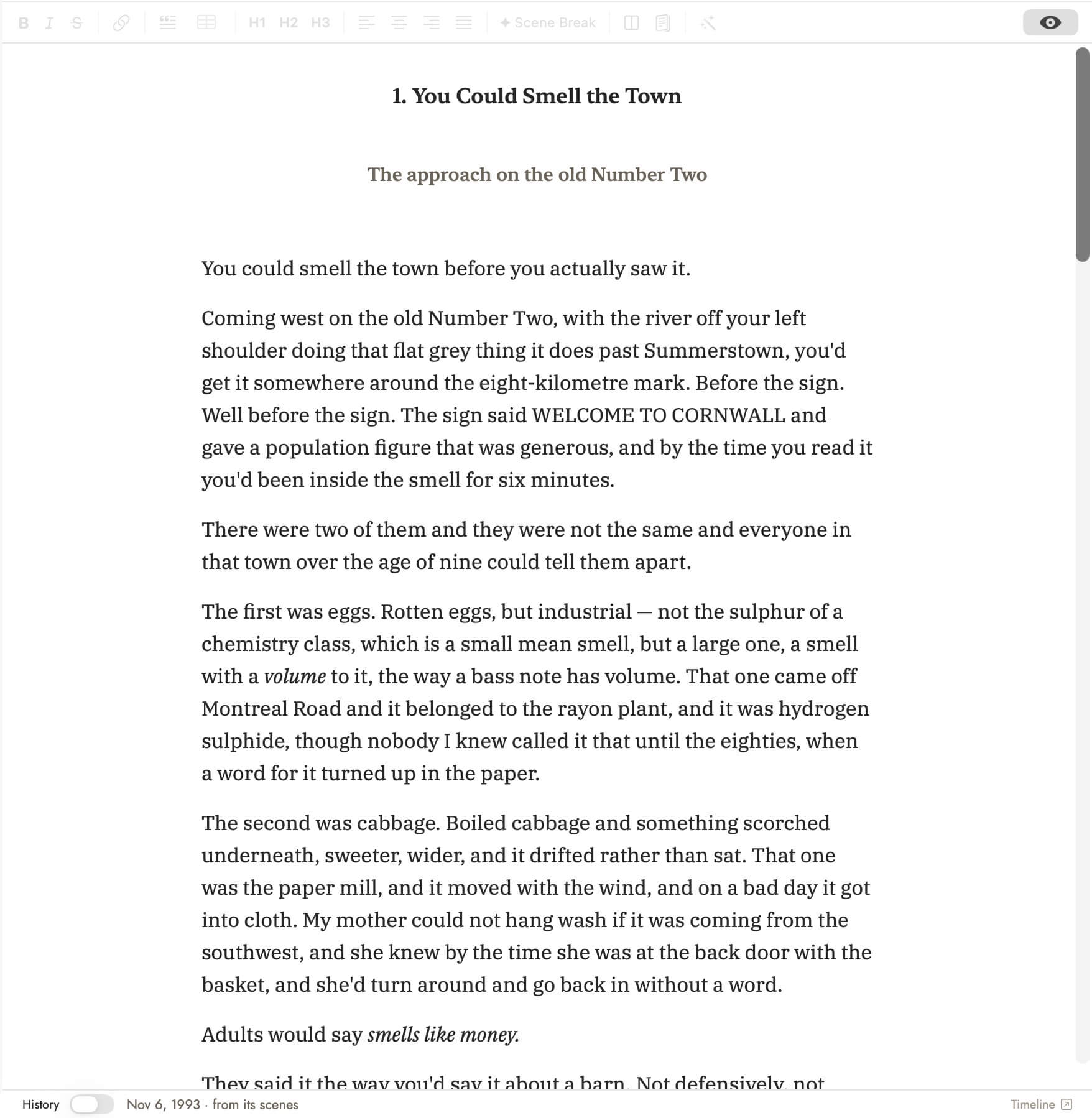 A chapter of manuscript prose in the editor with no links in it: every place name — Summerstown, Cornwall, Montreal Road — is plain black body text.