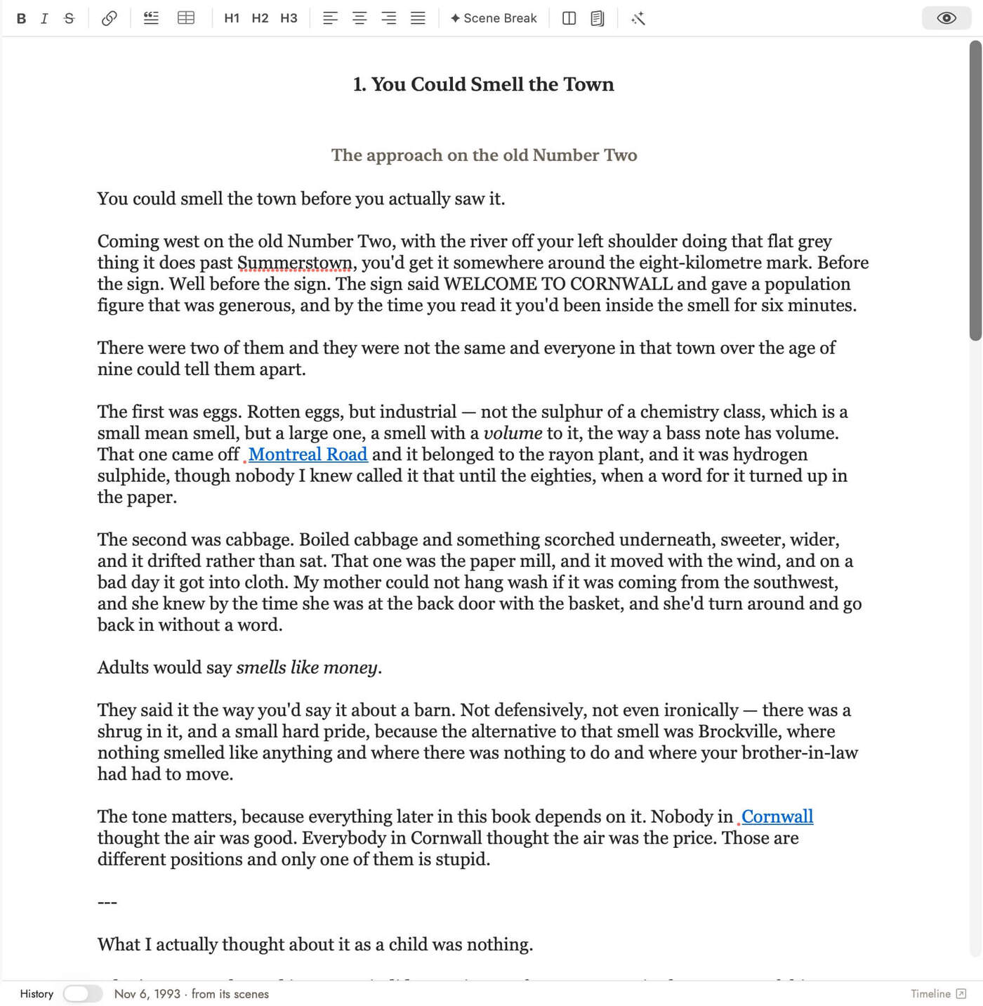 The same chapter after linking: Montreal Road and Cornwall now render as blue underlined links in the flow of the sentence, while the surrounding prose is unchanged.