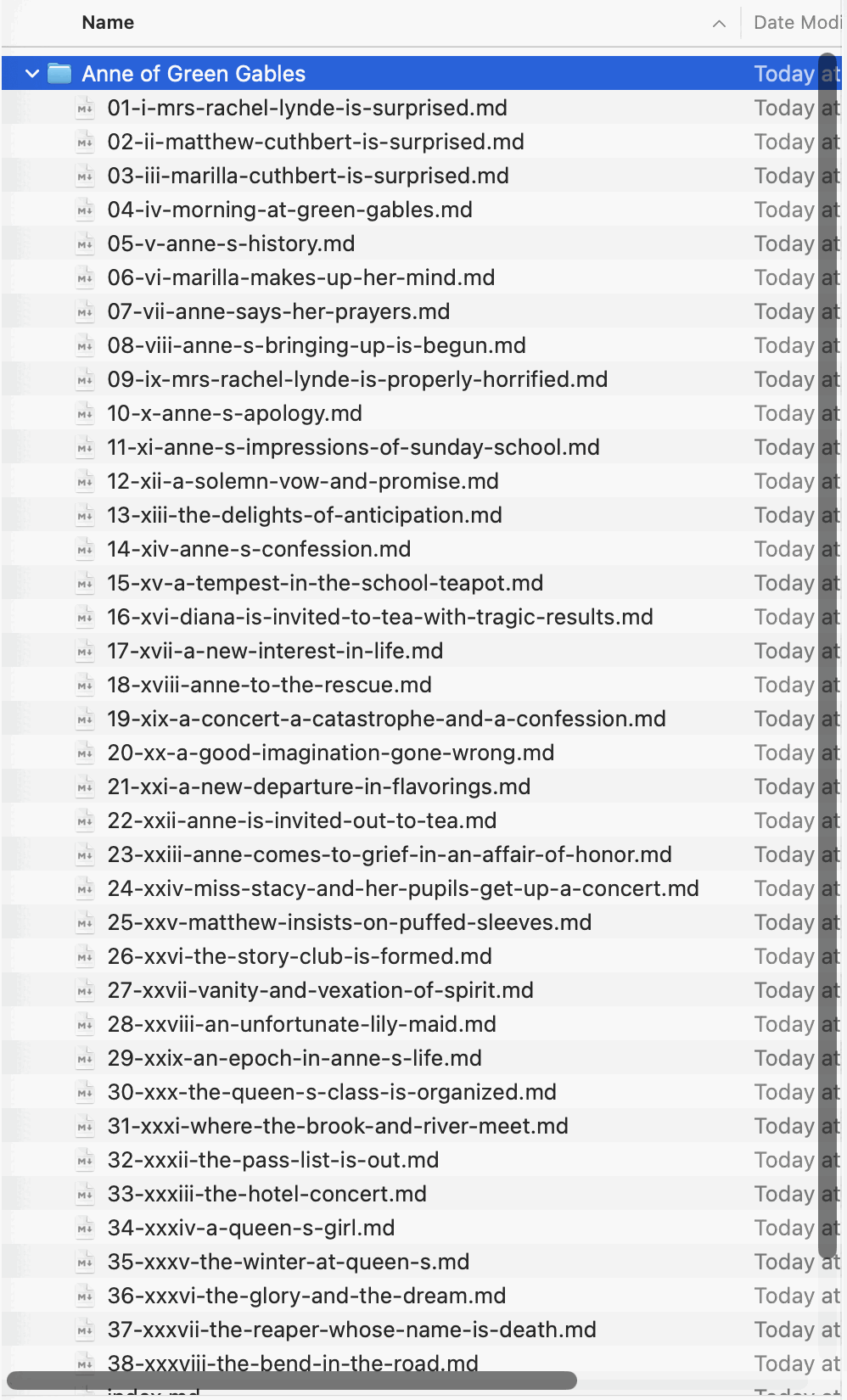A Finder list view on an exported Markdown folder: one numbered file per chapter, from 01-i-mrs-rachel-lynde-is-surprised.md through 38-xxxviii-the-bend-in-the-road.md, with index.md below the last.