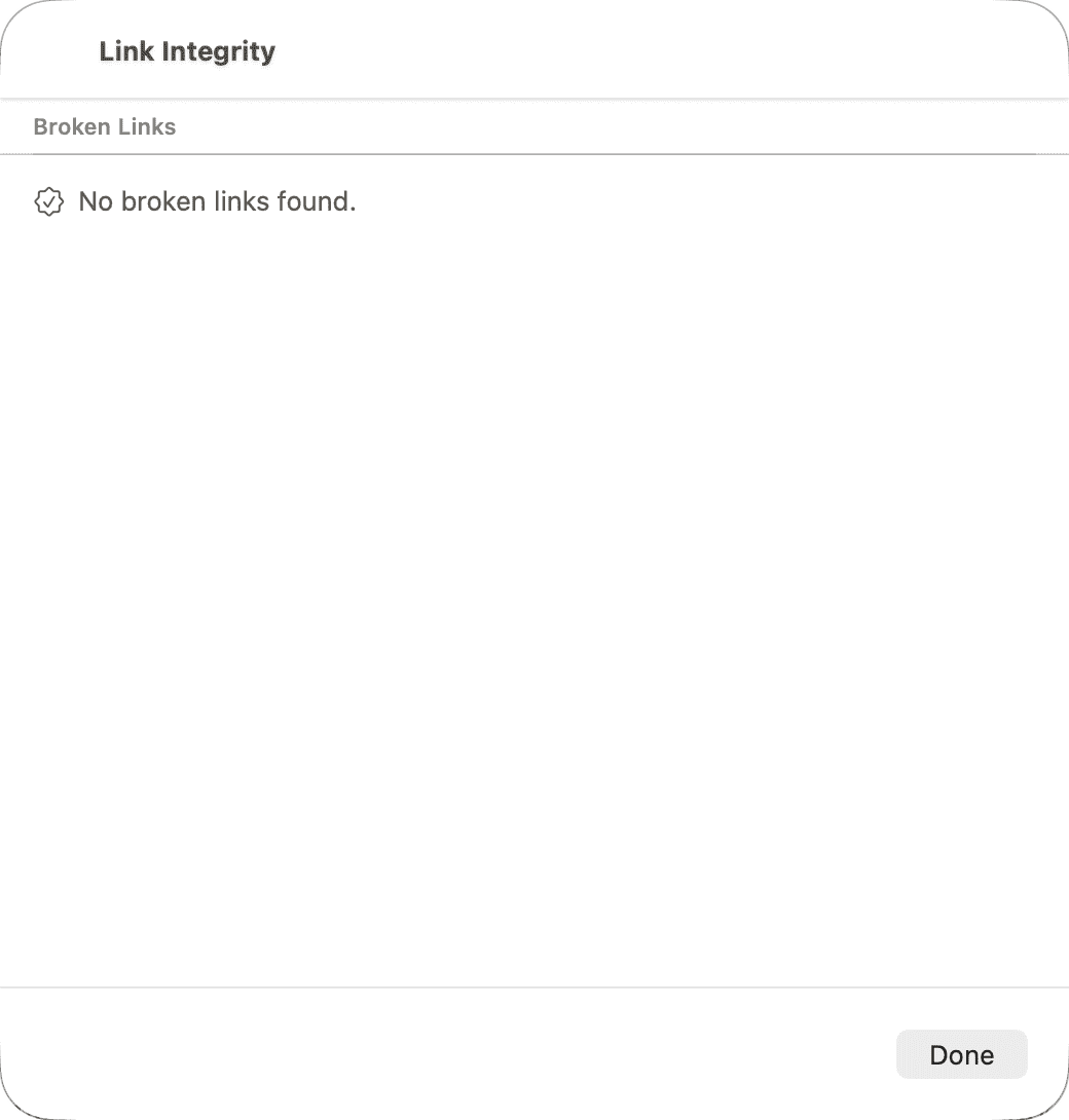 The Link Integrity Report sheet titled "Link Integrity", with a Broken Links section reading "No broken links found." beside a checkmark seal icon.