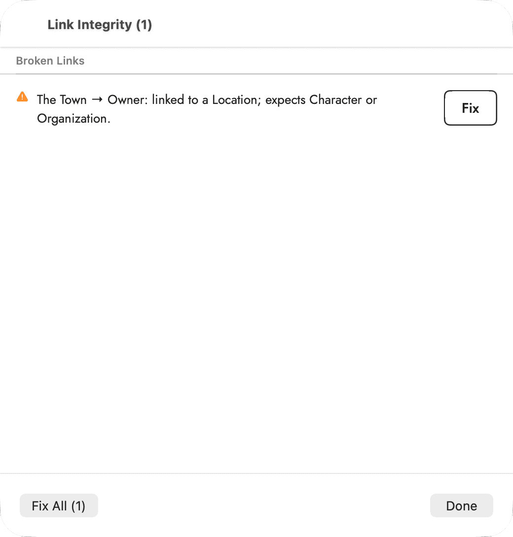 The Link Integrity Report sheet titled "Link Integrity (1)": a Fix All (1) button, and below it one row with an orange warning triangle reading "The Town → Owner: linked to a Location; expects Character or Organization," with its own Fix button on the right.