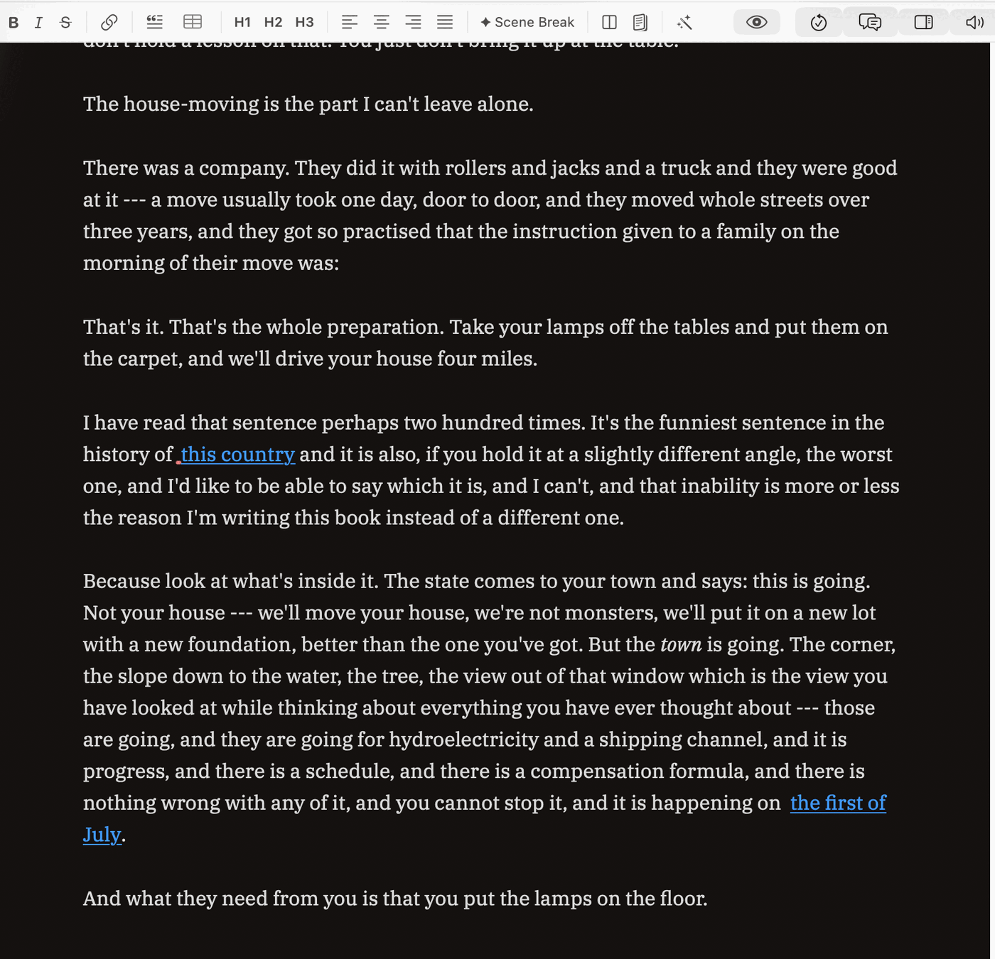 A manuscript page rendered in pale serif type on near-black. Directly above it the editor's own formatting toolbar — B, I, S, the link, list and table buttons, H1 H2 H3, the alignment buttons, Scene Break, and the review and read-aloud buttons at the right — is still drawn on white, unchanged.