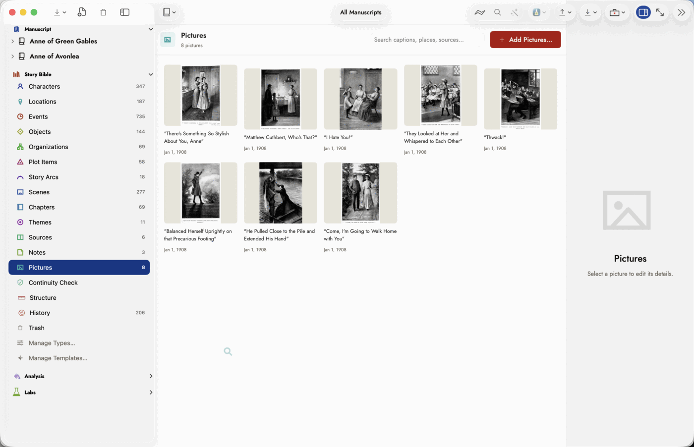 The main window with Pictures selected in the binder. The left sidebar shows a Manuscript group above a Story Bible group listing every record type with its count, with "Pictures" highlighted in blue and carrying a count of 8. The centre pane is headed "Pictures" over the line "8 pictures", with a "Search captions, places, sources…" box and a red "+ Add Pictures…" button, and below it eight thumbnails in two rows, each labelled with its caption and the date it carries. The right-hand pane is empty: a large grey picture glyph above the heading "Pictures" and the line "Select a picture to edit its details."