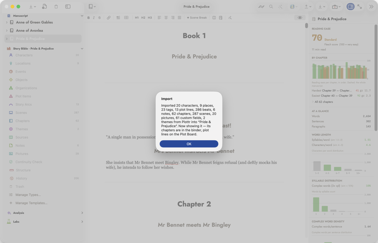 The Import alert after reading a .pltr file: "Imported 20 characters, 9 places, 23 tags, 13 plot lines, 286 beats, 6 notes, 62 chapters, 287 scenes, 20 pictures, 61 custom fields, 2 themes from Plottr into “Pride & Prejudice”. Now showing it — its chapters are in the binder, plot lines on the Plot Board." with an OK button.