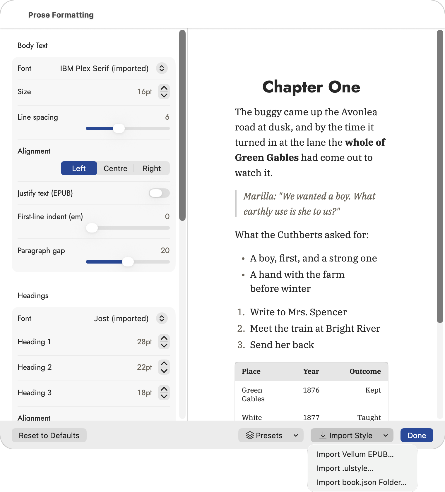 The same sheet with the Import Style menu open at the bottom, offering Import Vellum EPUB…, Import .ulstyle… and Import book.json Folder….