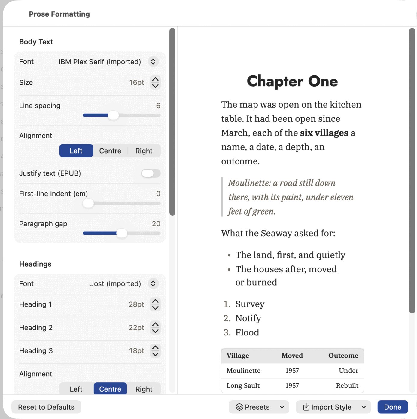 The Prose Formatting sheet: a Body Text group with Font set to IBM Plex Serif (imported), Size 16pt, Line spacing, Alignment, a Justify text (EPUB) switch, First-line indent and Paragraph gap sliders, a Headings group beneath it, and a live preview beside them showing a chapter opening with a blockquote, a bulleted list, a numbered list and a table.