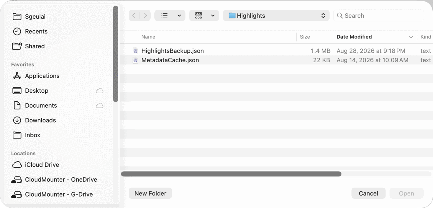 A macOS open panel showing the Highlights folder in its path control, with two files listed: HighlightsBackup.json at 1.4 MB and MetadataCache.json at 22 KB, each with a modification date. The Finder sidebar is at the left; New Folder, Cancel and a dimmed Open button sit along the bottom.