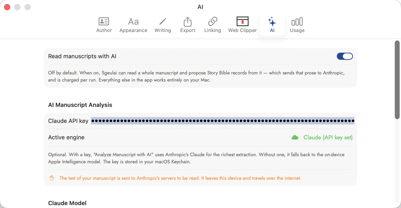 Sgeulai's Settings, AI tab: Read manuscripts with AI toggled on, a Claude API key field showing a key already entered and masked as dots rather than plain text, and Active engine reading "Claude (API key set)."
