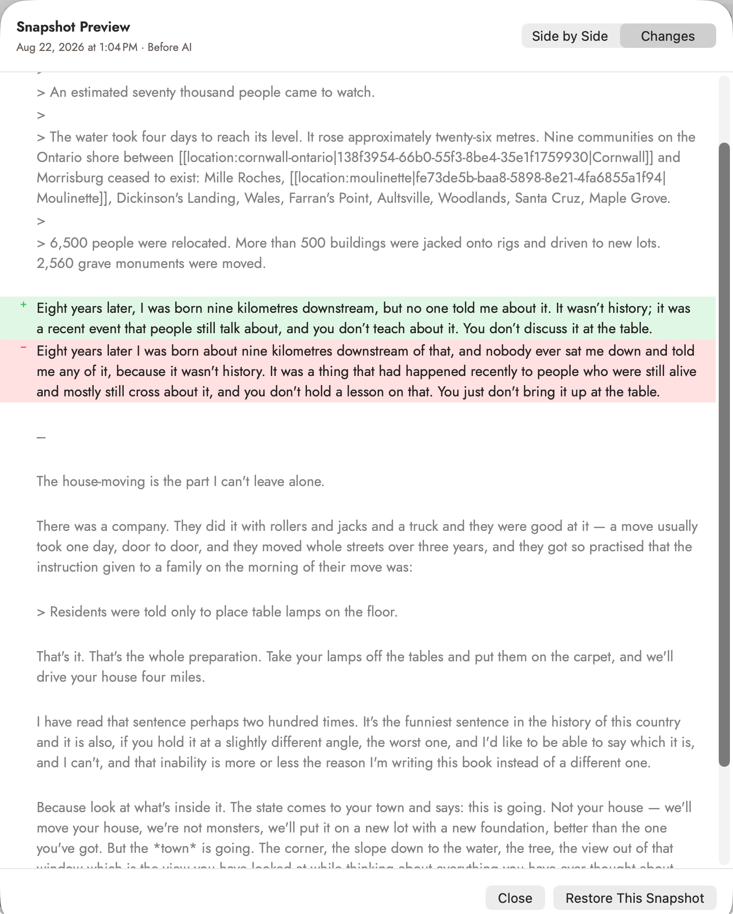 The Snapshot Preview sheet, titled with a timestamp and the label "Before AI", with a Side by Side / Changes toggle set to Changes: unchanged prose in grey, one paragraph in green marked with a plus as the current text, and the paragraph it replaced in red marked with a minus, with Close and Restore This Snapshot buttons at the foot.
