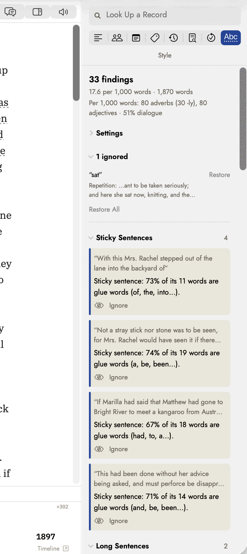 The top of the Style tab after one finding was ignored: 33 findings, 17.6 per 1,000 words &middot; 1,870 words, the counts line, the folded Settings disclosure, then an open 1 ignored section holding &ldquo;sat&rdquo; with Restore beside it and the line Repetition: &hellip;ant to be taken seriously; and here she sat now, knitting, and the&hellip;, with Restore All below. Sticky Sentences and its cards follow.