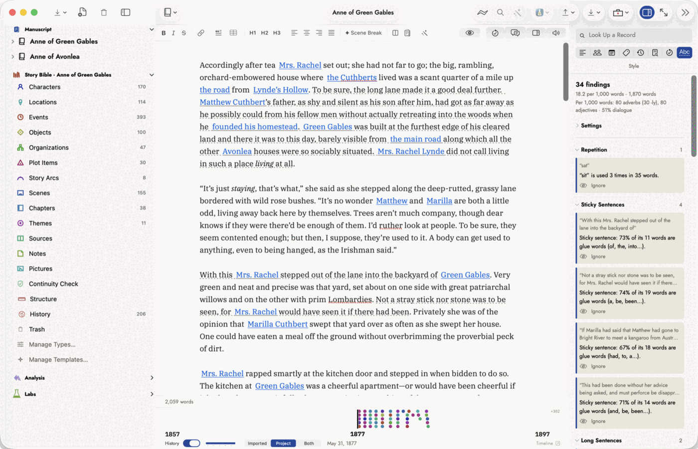 A scene open with the inspector on Style. The prose carries thin dotted underlines under &ldquo;made&rdquo;, &ldquo;got&rdquo;, &ldquo;possibly&rdquo;, &ldquo;actually&rdquo; and a whole sentence beginning &ldquo;With this Mrs. Rachel stepped out of the lane&rdquo;. The tab reads 34 findings, 18.2 per 1,000 words &middot; 1,870 words, then Per 1,000 words: 80 adverbs (30 -ly), 80 adjectives &middot; 51% dialogue, then a folded Settings disclosure, then Repetition 1 with a card reading &ldquo;sit&rdquo; is used 3 times in 35 words, and Sticky Sentences 4 with a card per sentence giving its glue-word share. Every card has an Ignore button.