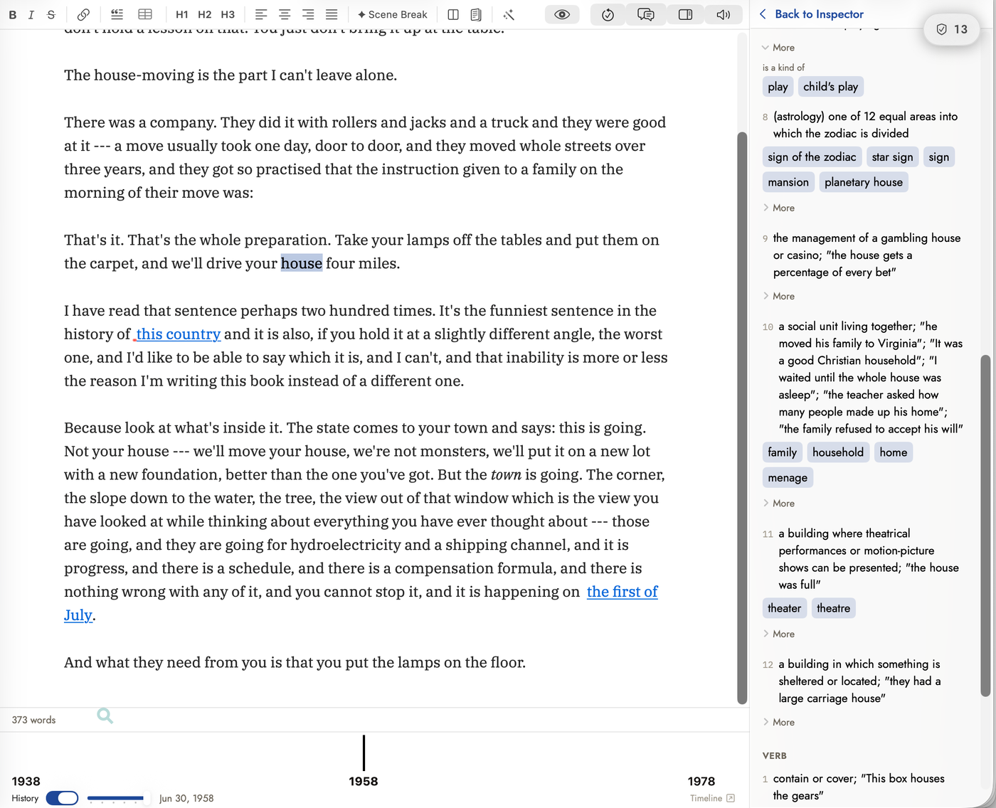 The editor with a word selected in the prose and the Writing Inspector replaced by the thesaurus panel, headed by a "Back to Inspector" bar. The panel lists numbered senses; one has its "More" disclosure open, showing an "is a kind of" row with two chips. Further senses follow with their own definitions and synonym chips, and a "VERB" heading below begins the verb senses.