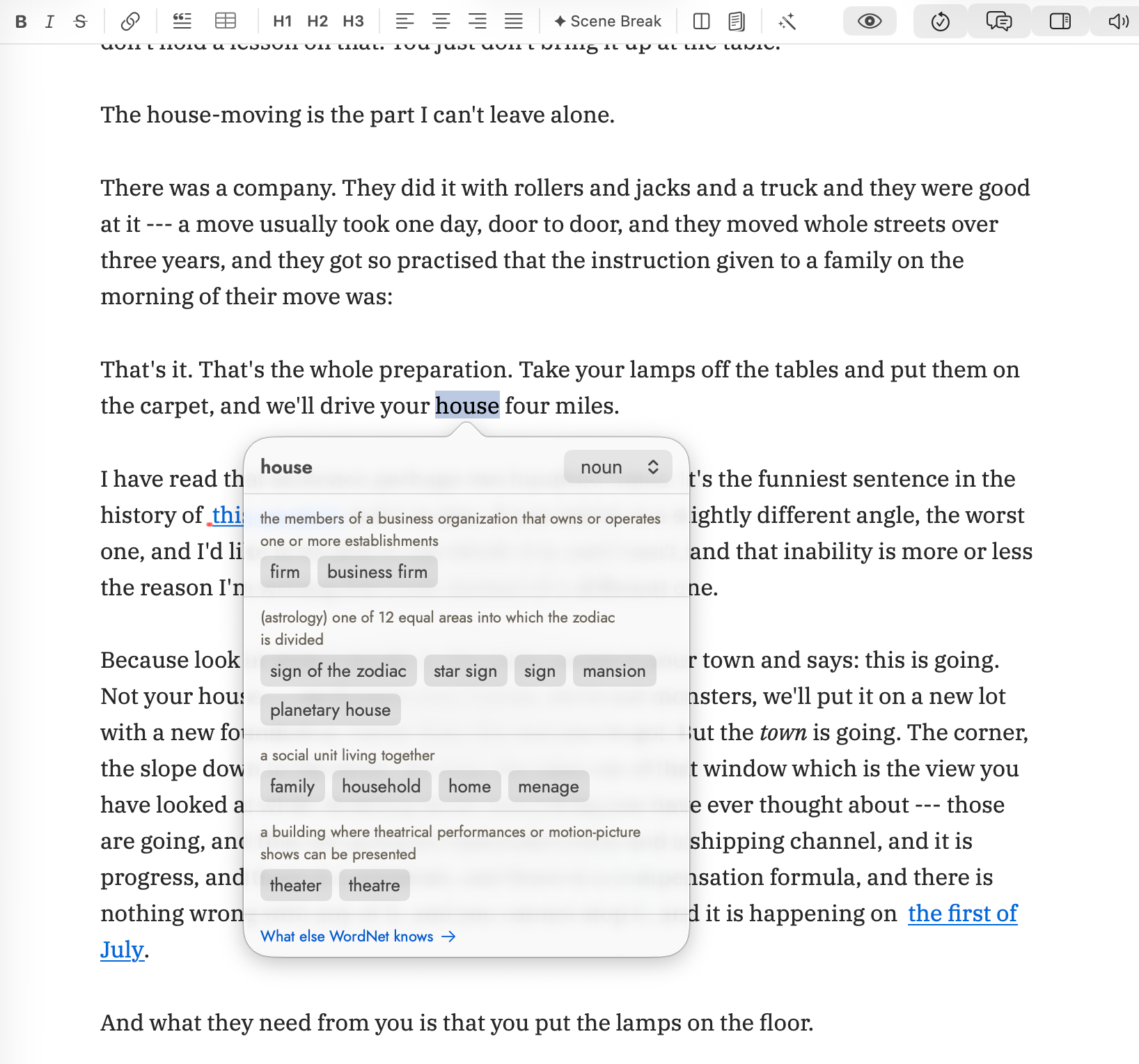 A paragraph of manuscript prose with one word selected, and a popover anchored beneath it. Its header repeats the word on the left with a part-of-speech picker on the right. Four senses follow, each a definition over a row of grey synonym chips. A blue link at the foot reads "What else WordNet knows →".