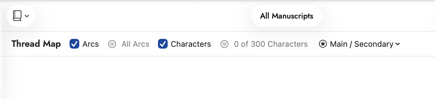 The Thread Map toolbar: Arcs and Characters checkboxes, All Arcs and a character count, a Main / Secondary filter, and the manuscript scope picker above it.