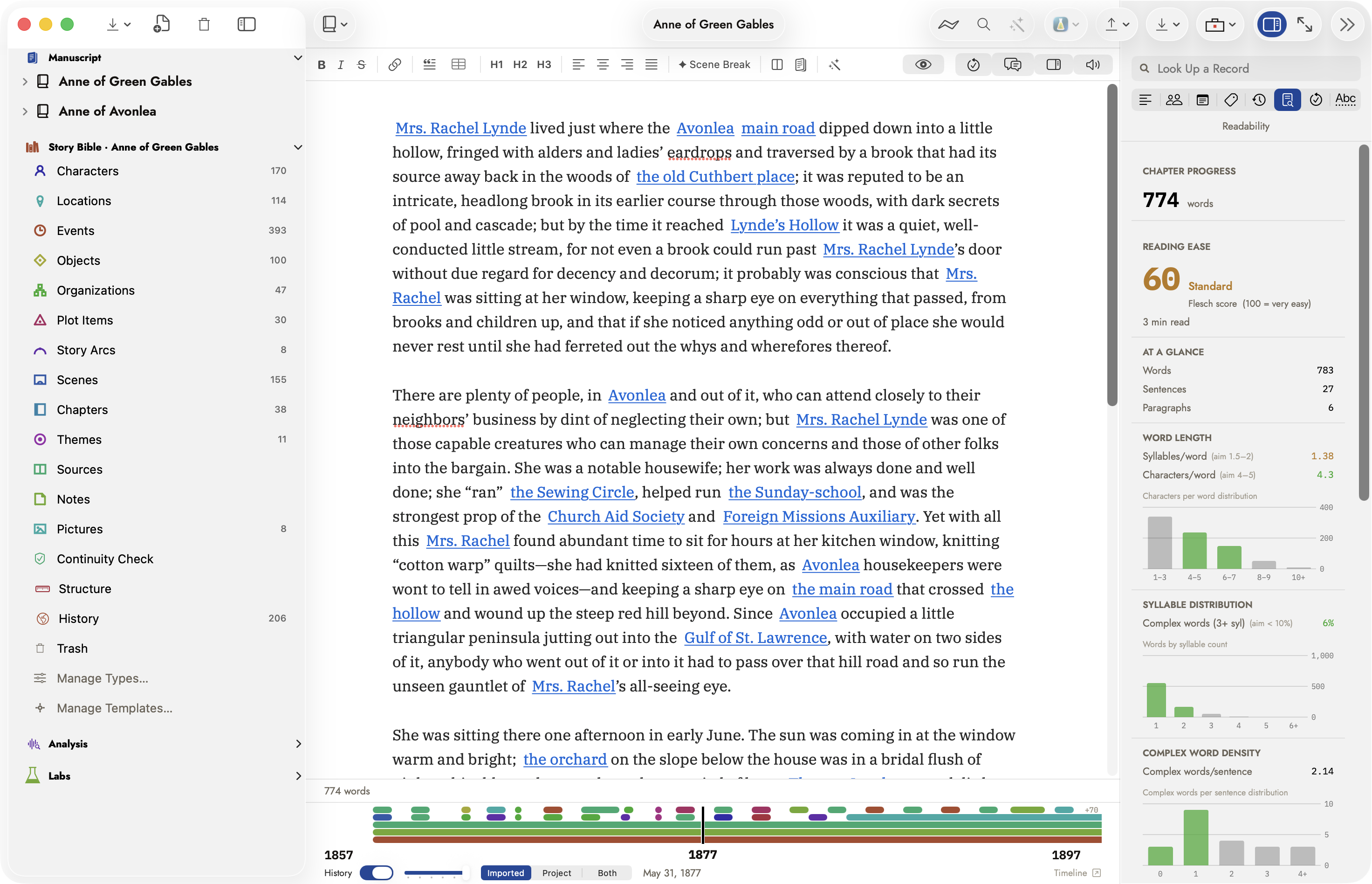 The whole Sgeulai window: on the left the binder, showing two manuscripts above a Story Bible record list with live counts, and Analysis and Labs sections at the bottom; in the middle the editor with a formatting bar and a scene of Anne of Green Gables open to its prose, full of blue wikilinks, with the History timeline strip beneath it; on the right the writing inspector, open on Readability, showing a reading-ease score of 60, Standard, an At a Glance word, sentence and paragraph count, and several distribution charts.
