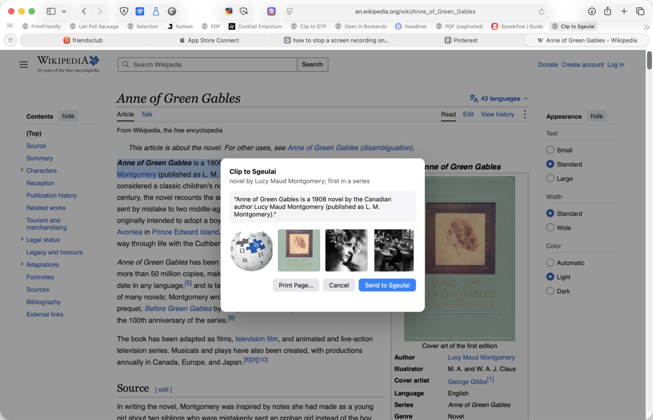 A Safari window on the Wikipedia article "Anne of Green Gables", its opening sentence selected. Over it sits a panel headed "Clip to Sgeulai" with the page's description, a quote box holding the selected sentence, four pictures the bookmarklet found on the page shown as tickable thumbnails, and the buttons "Print Page…", "Cancel" and a blue "Send to Sgeulai". The bookmarks bar above carries the "Clip to Sgeulai" bookmarklet the panel came from.