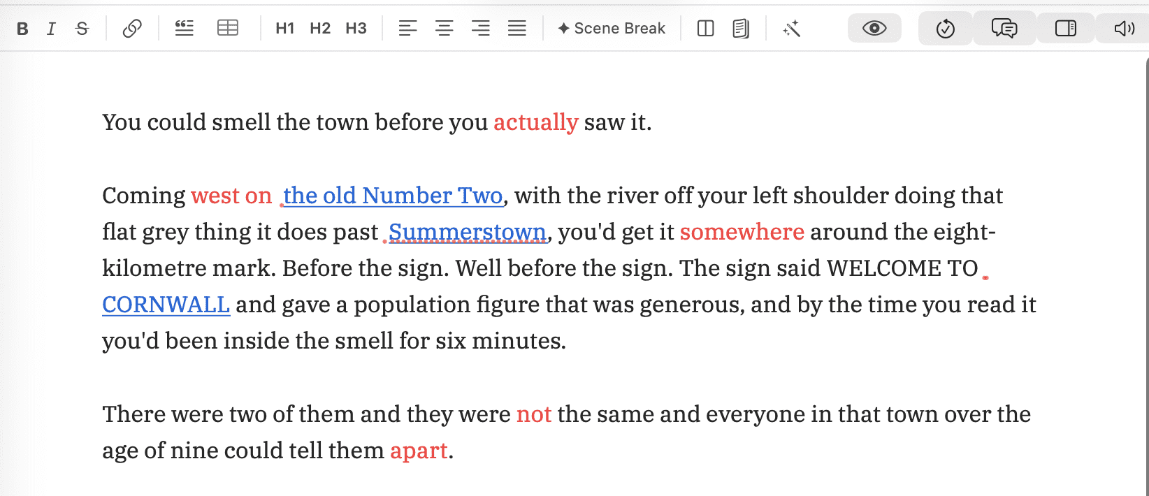 The same opening prose with only the adverb category ticked in the part-of-speech checklist. Six words carry red — "actually", "west", "on", "somewhere", "not" and "apart" — and every other word on the page is black, apart from the blue underlined wikilinks "the old Number Two" and "Summerstown".